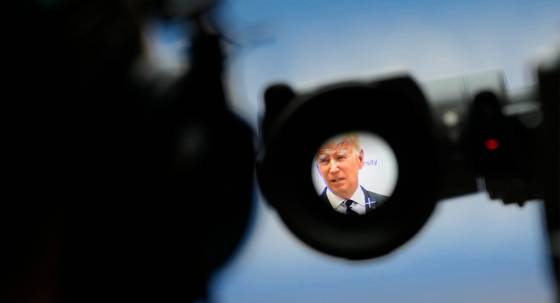 US President Joe Biden seen through a TV camera viewfinder (Image: AAP/AP/Christophe Ena)