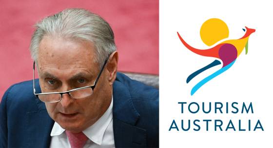 Trade and Tourism Minister Don Farrell; Tourism Australia logo (Images: AAP/Lukas Coch; Tourism Australia)