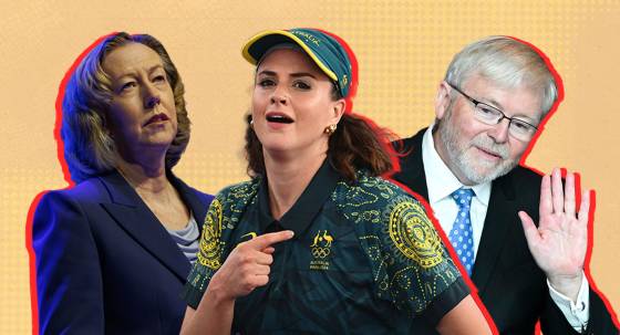 Woodside CEO Meg O'Neill, Rachael 'Raygun' Gunn and Kevin Rudd (Images: AAP/Private Media)