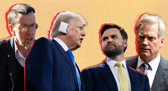 Greg Sheridan, Donald Trump, JD Vance and Andrew Bolt (Images: Private Media/AAP)