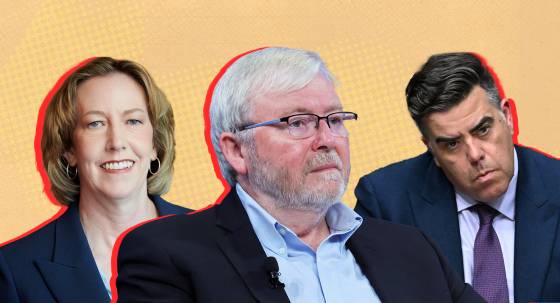 Woodside CEO Meg O'Neill, Kevin Rudd and Speaker Milton Dick (Images: AAP/Private Media)