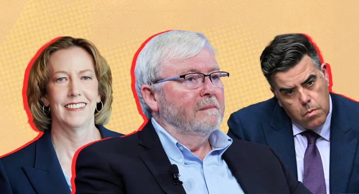Woodside CEO Meg O'Neill, Kevin Rudd and Speaker Milton Dick (Images: AAP/Private Media)