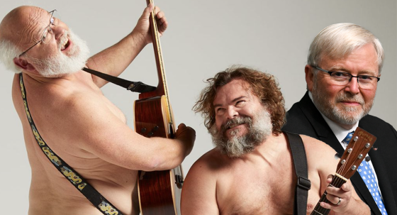 Tenacious D members Kyle Gass and Jack Black, and former prime minister Kevin Rudd (Images: AAP/Private Media/Tenacious D)
